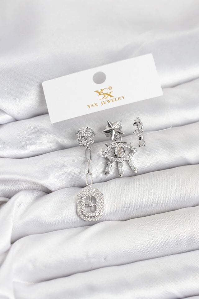 Pirinç Gümüş Renk Göz ve Kutup Yıldızı Model YSX Trio Küpe Seti