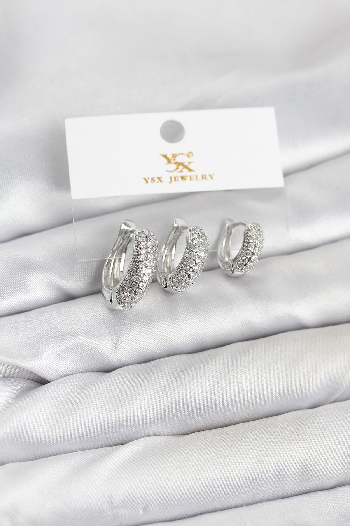 Pirinç Gümüş Renk Zirkon Taşlı Halka Model YSX Trio Küpe Seti