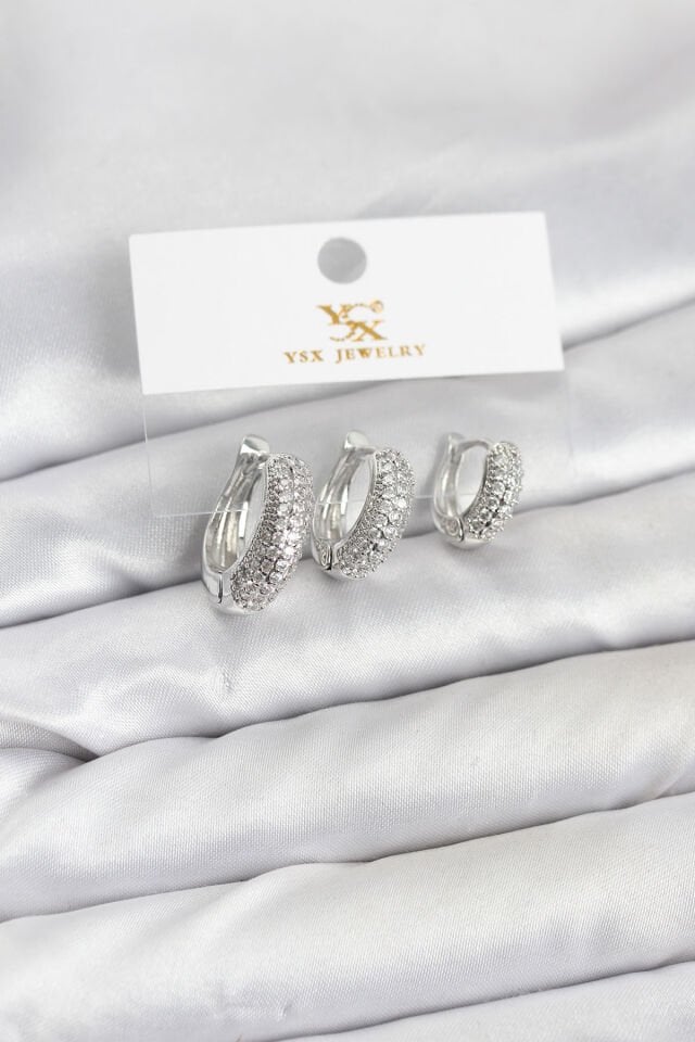 Pirinç Gümüş Renk Zirkon Taşlı Halka Model YSX Trio Küpe Seti