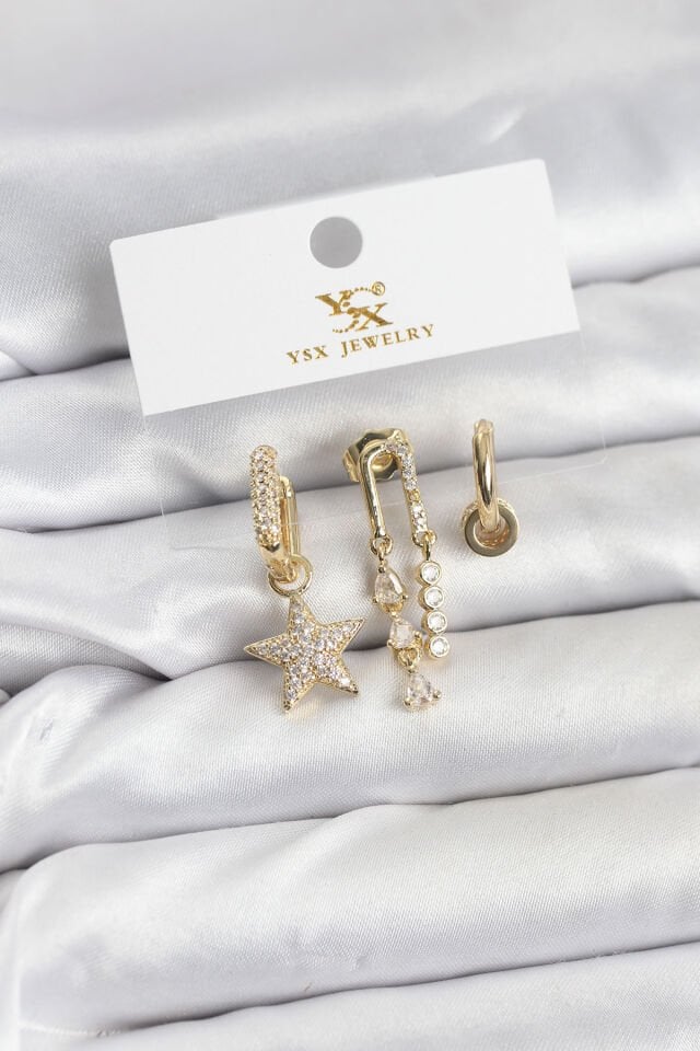 Pirinç Gold Renk Zirkon Taşlı Yıldız Vintage Model YSX Trio Küpe Seti