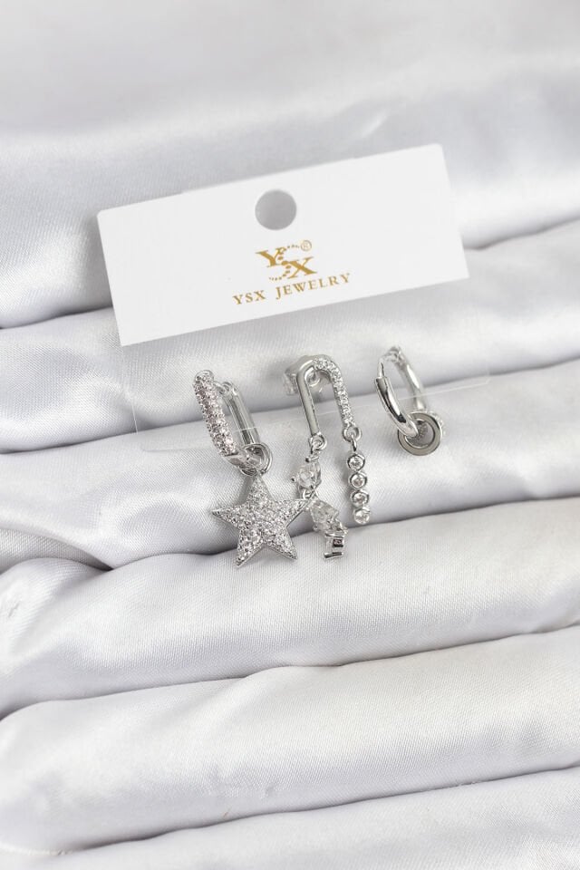 Pirinç Gümüş Renk Zirkon Taşlı Yıldız Vintage Model YSX Trio Küpe Seti