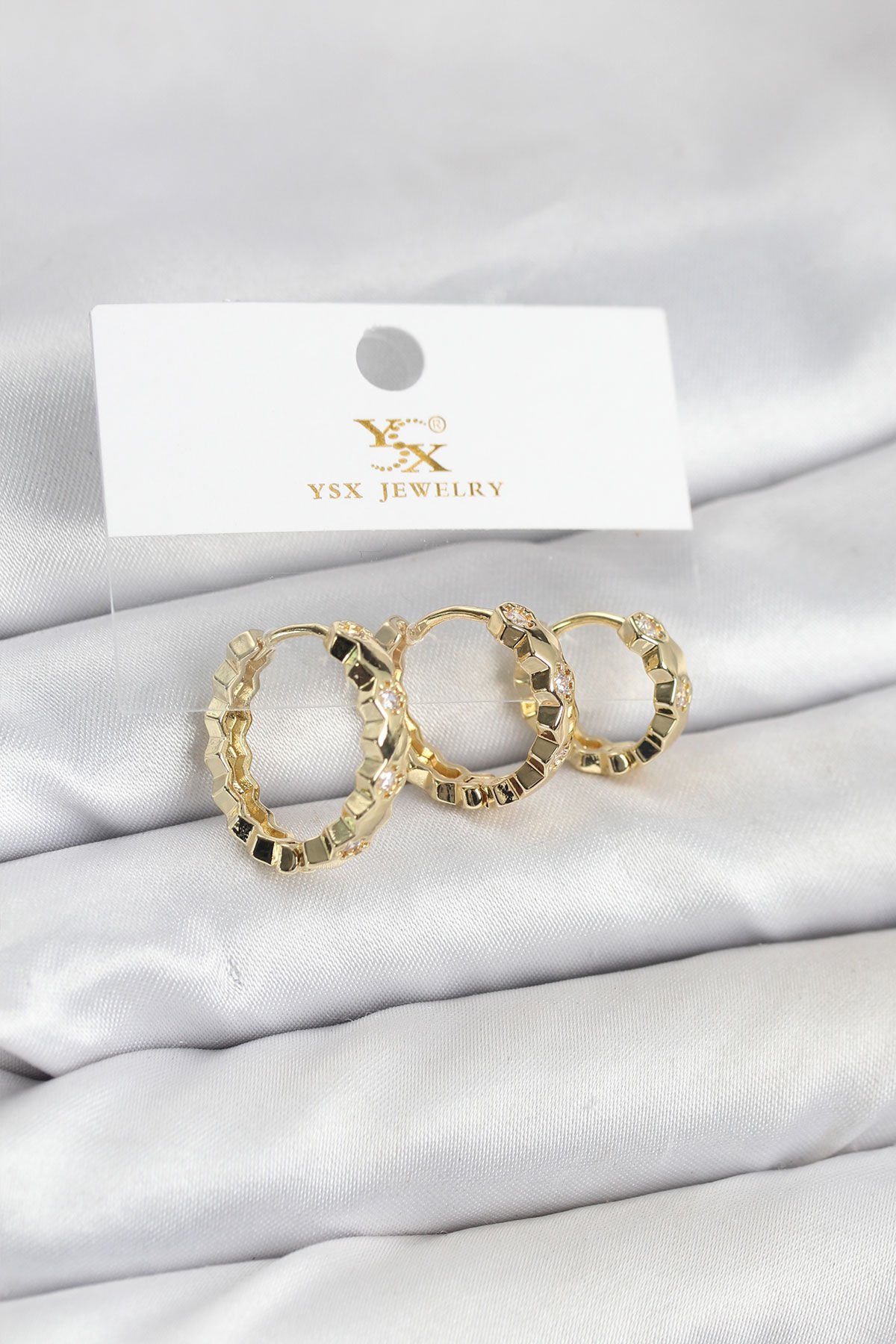 Pirinç Gold Renk Zirkon Taşlı Petek Halka Model YSX Trio Küpe Seti