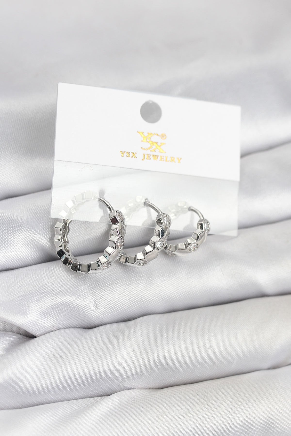 Pirinç Gümüş Renk Zirkon Taşlı Petek Halka Model YSX Trio Küpe Seti