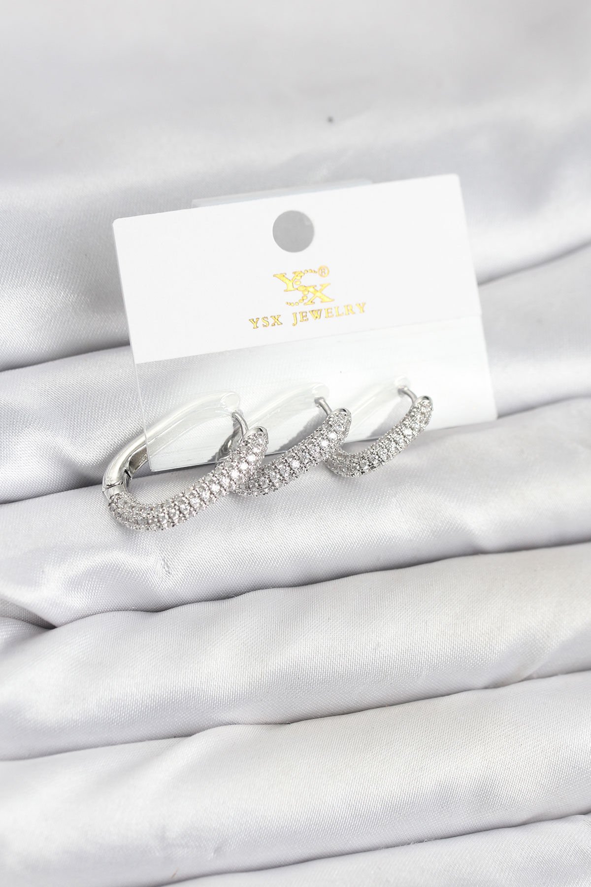 Pirinç Gümüş Renk Zirkon Taşlı Halka Model YSX Trio Küpe Seti