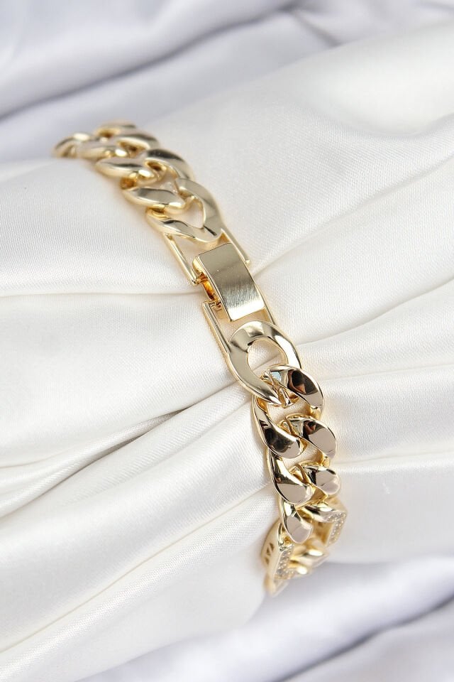 VIP Pirinç Zirkon Taşlı Parçalı Zincir Model Gold Renk Kadın Bileklik