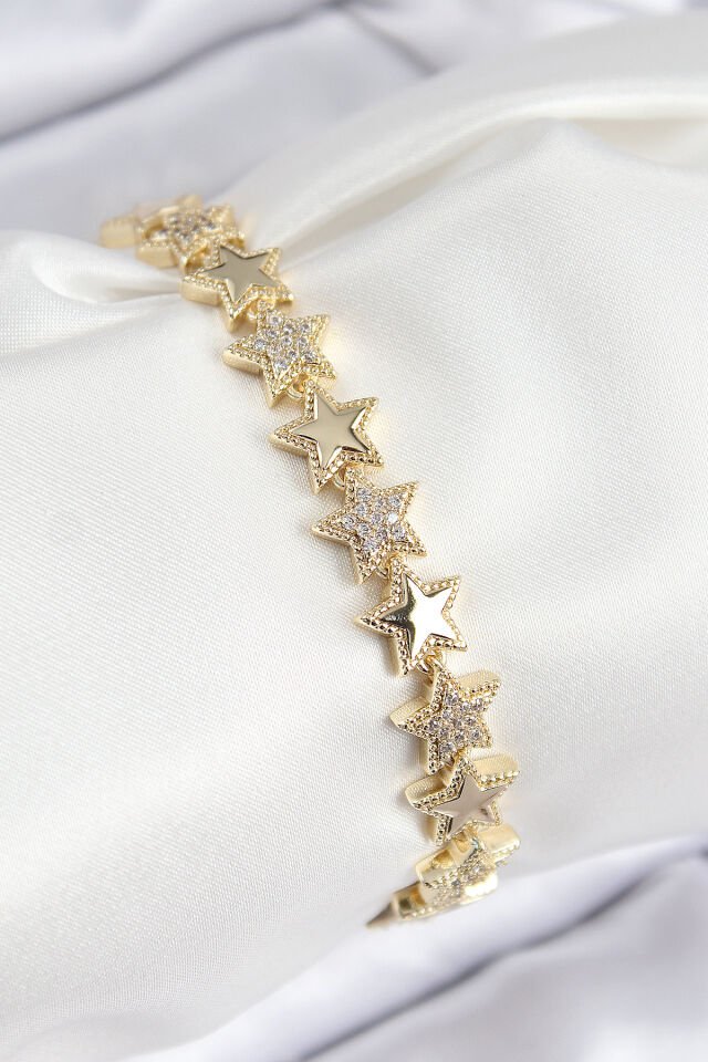 VIP Pirinç Zirkon Taşlı Yıldız Model Gold Renk Kadın Bileklik