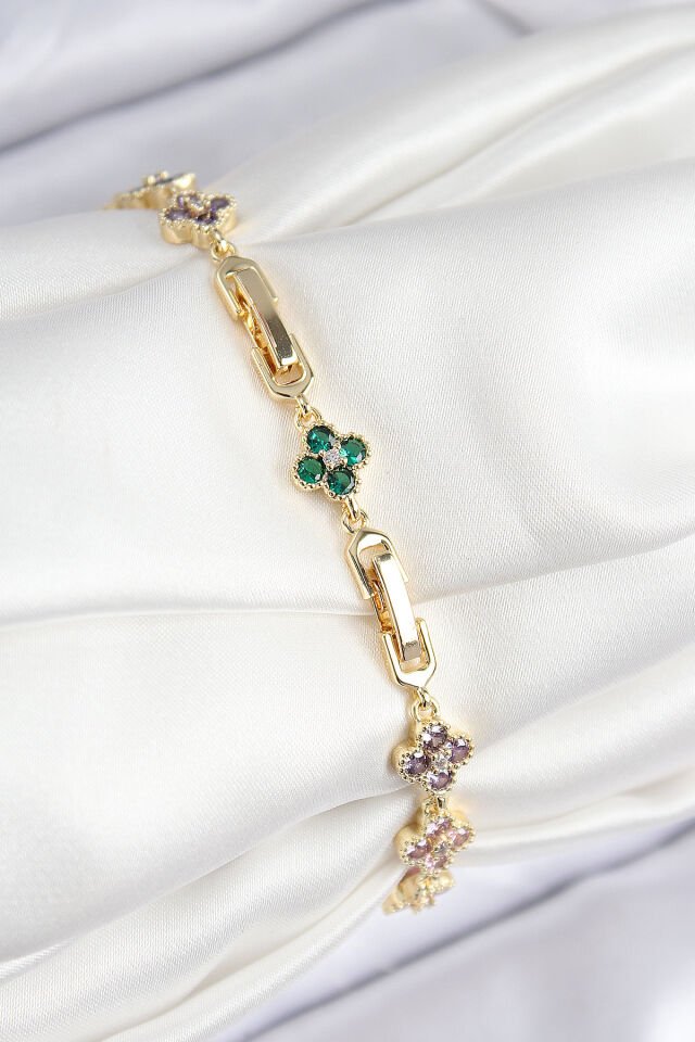 VIP Pirinç Renkli Zirkon Taşlı Yonca Model Gold Renk Kadın Bileklik