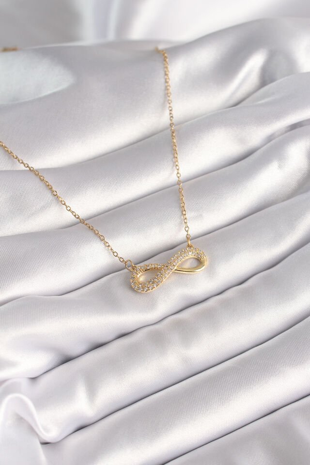 316L Çelik Gold Renk Zincir Zirkon Taşlı Sonsuzluk Model Kadın Kolye