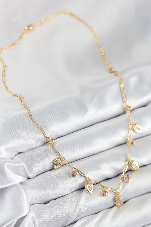 Pirinç Zirkon Taşlı Sallantılı Damla Model Gold Renk Kadın Kolye