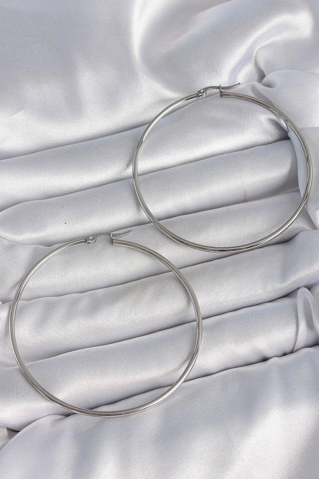 316 Çelik Gümüş Renk 63 mm Halka Model Kadın Küpe