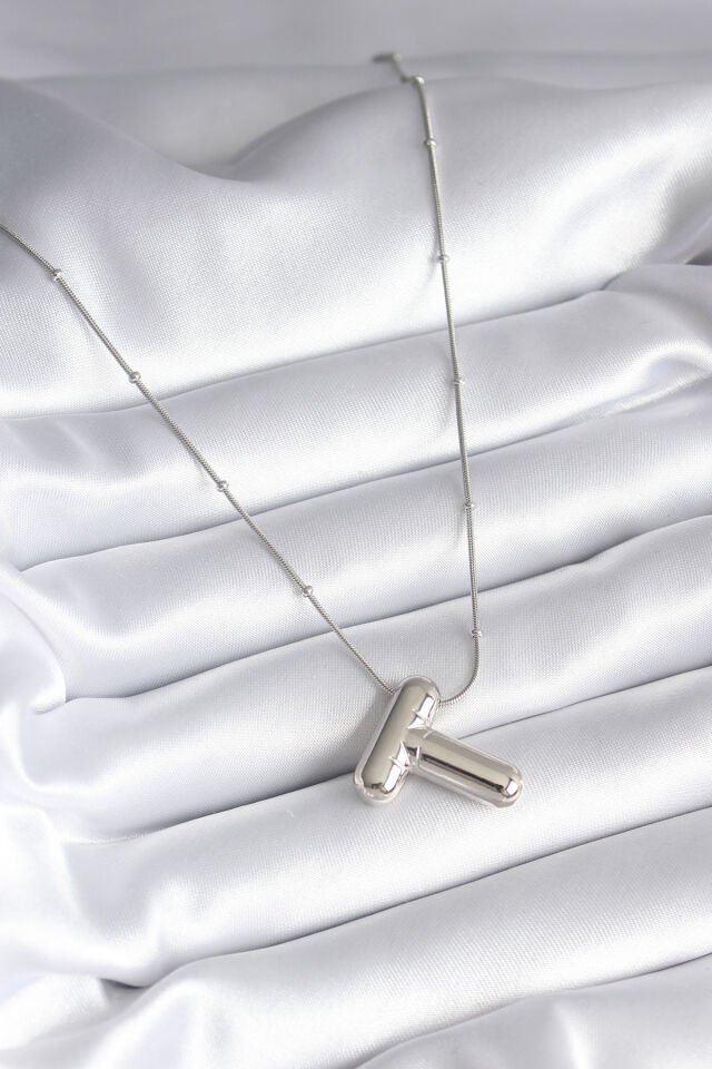 316L Çelik Gümüş Renk Bubble ''T'' Harf Model Kadın Kolye