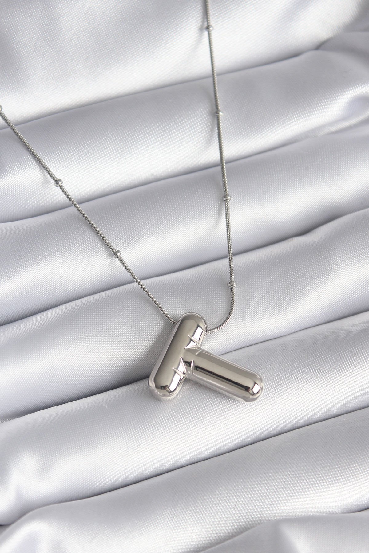 316L Çelik Gümüş Renk Bubble ''T'' Harf Model Kadın Kolye