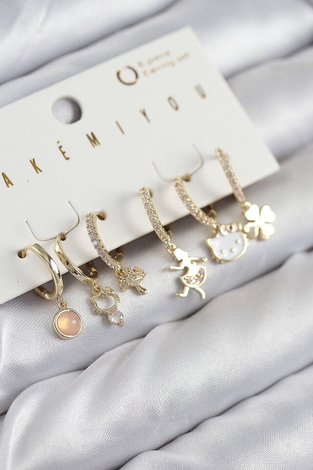 Pirinç Zirkon Taşlı Hello Kity Ve Yonca Model Gold Renk 6'lı Küpe Set