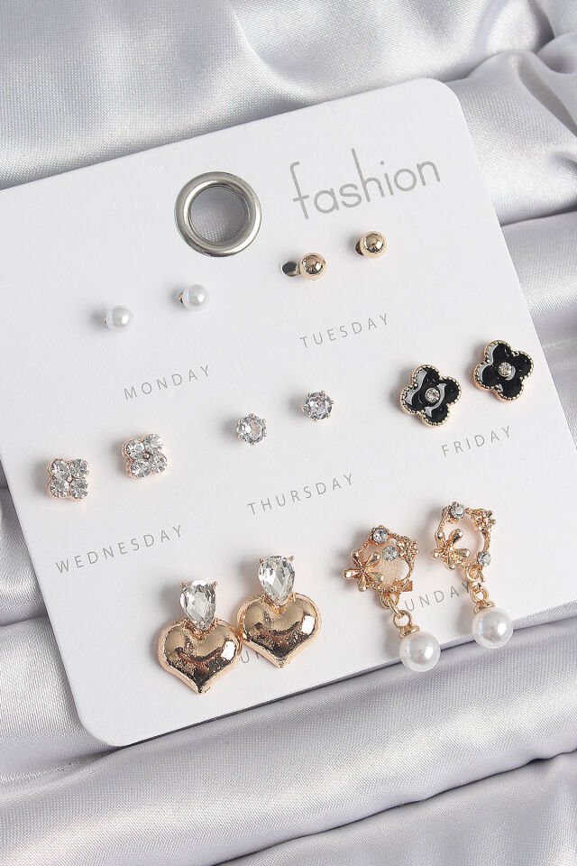 Pirinç Gold Renk Zirkon Taşlı Kalp Figür Siyah Yonca Detay 7 Çift Kadın Küpe Seti