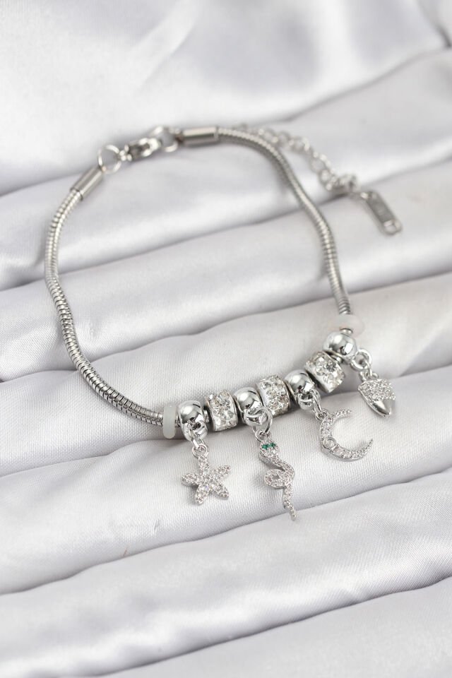 Pirinç Gümüş Renk Yılan Charmlı Kadın Bileklik