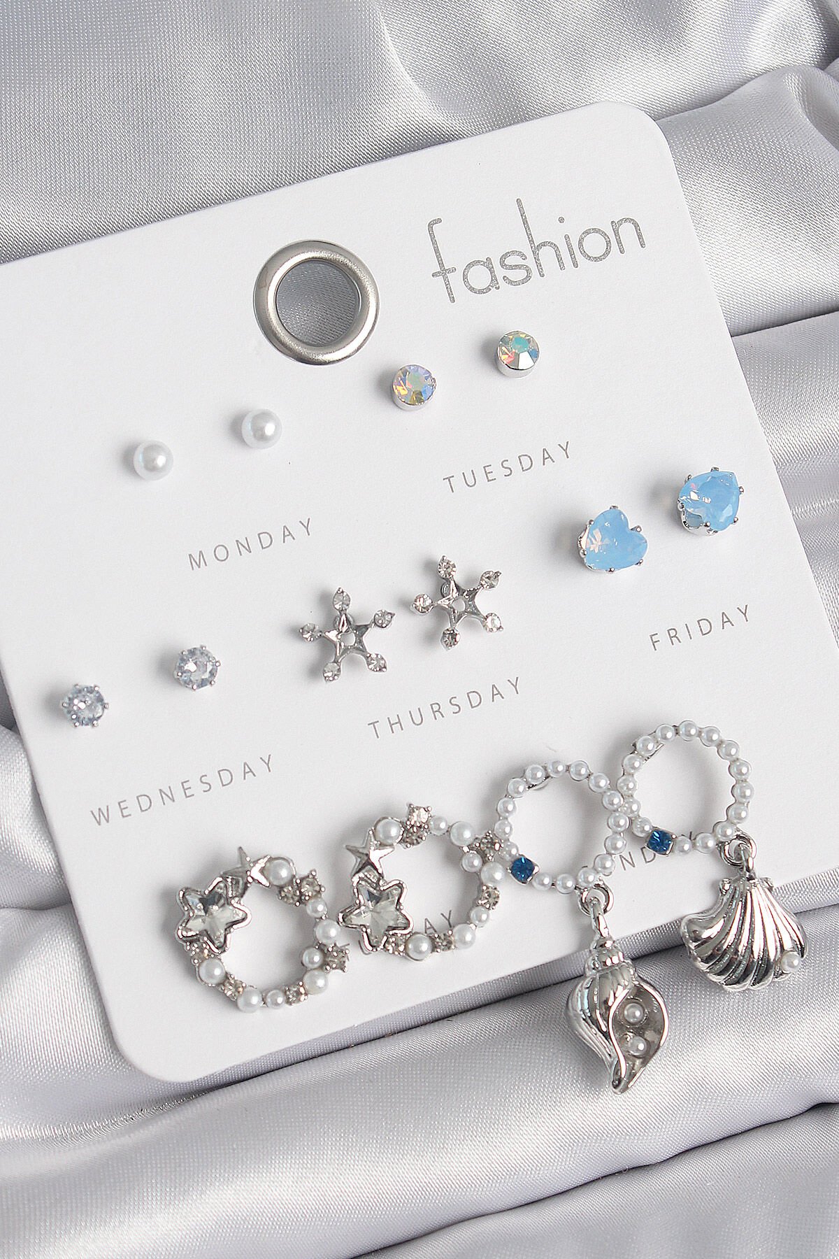 Pirinç Gümüş Renk İncli Zirkon Taşlı Halka Figür Yıldız Detay 7 Çift Kadın Küpe Seti