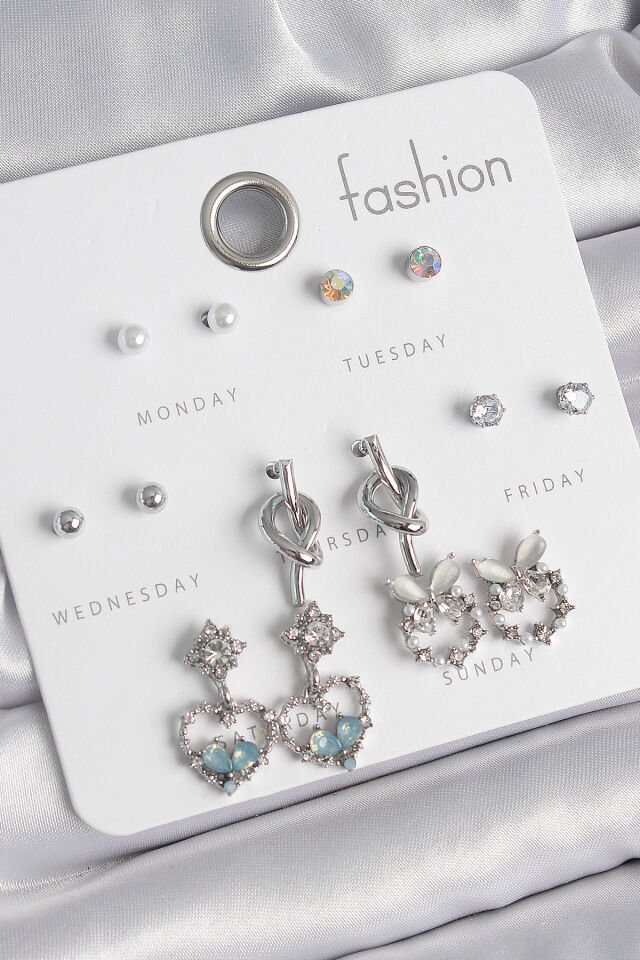 Pirinç Gümüş Renk Sallantı Zirkon Taşlı Kalp Model Düğüm Detay 7 Çift Kadın Küpe Seti