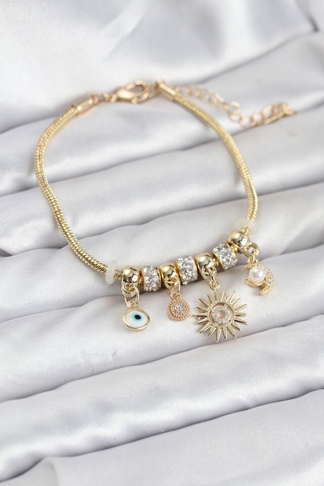 Pirinç Gold Renk Güneş Charmlı Kadın Bileklik