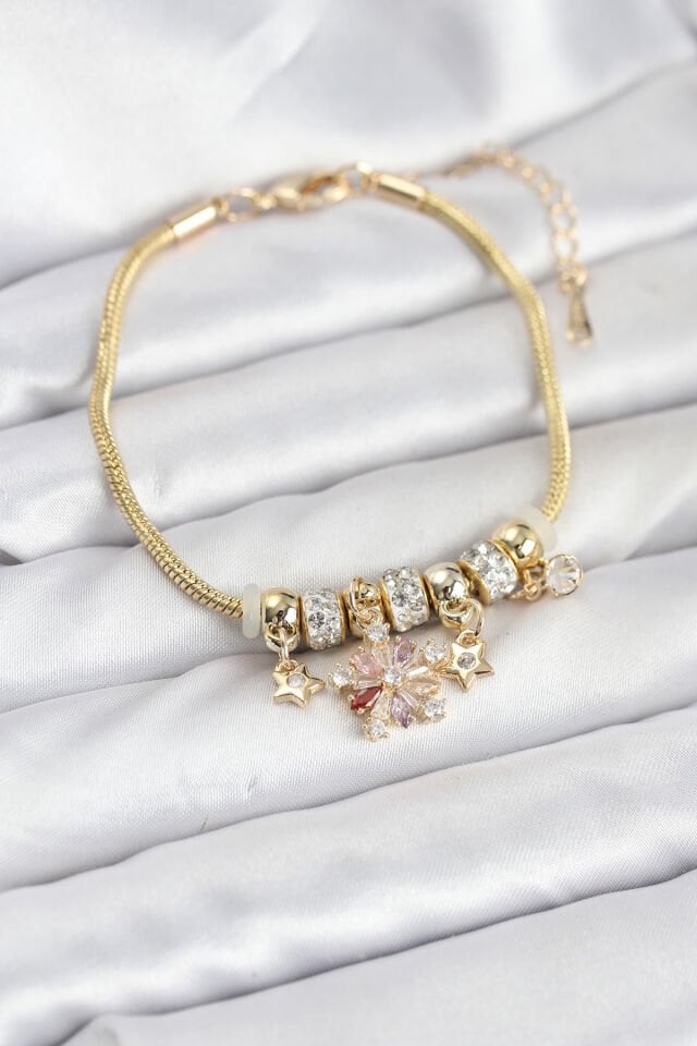 Pirinç Gold Renk Renkli Yıldız Charmlı Kadın Bileklik