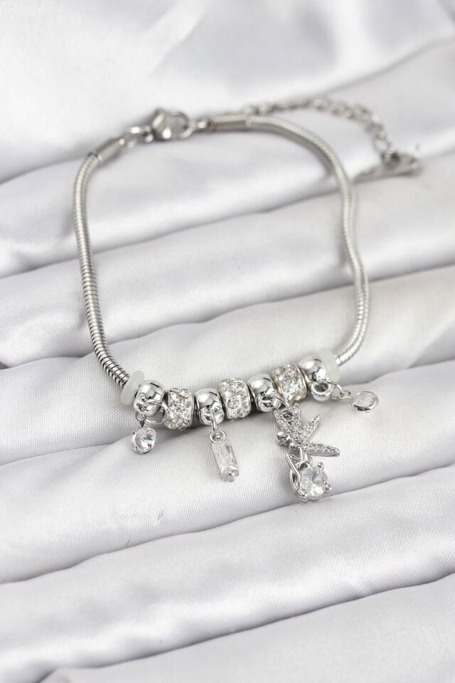 Pirinç Gümüş Renk Tinkerbell Charmlı Kadın Bileklik