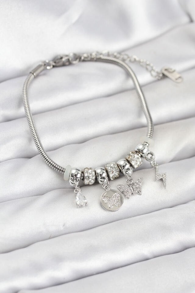 Pirinç Gümüş Renk Kelebek Charmlı Kadın Bileklik