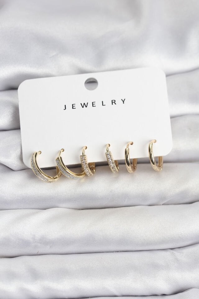 Zirkon Taşlı Gold Renk Pirinç Kadın Küpe Seti