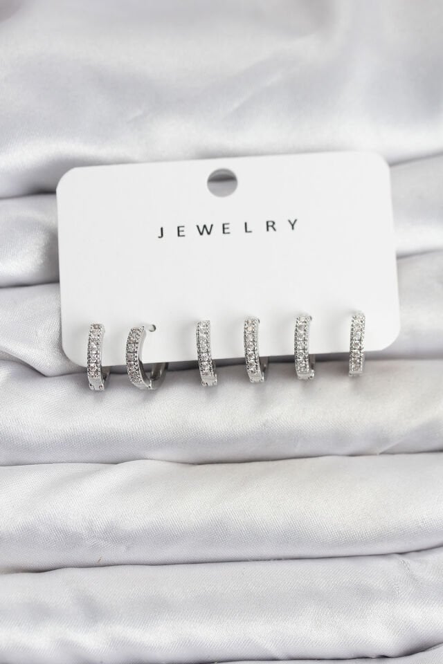 Gümüş Renk Pirinç Zirkon Taşlı Halka Kadın Küpe Seti