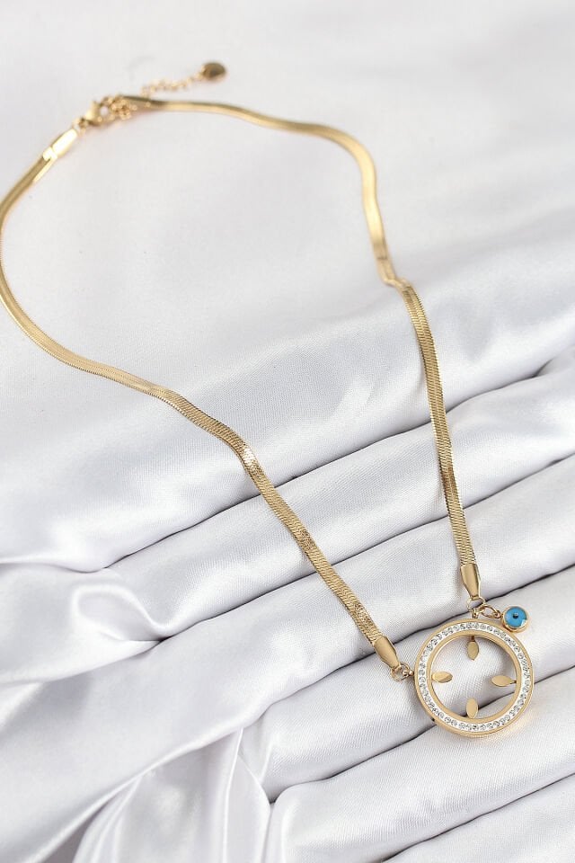 316L Çelik Zirkon Taşlı Çeyrek Takılabilir Gold Renk Kadın Kolye