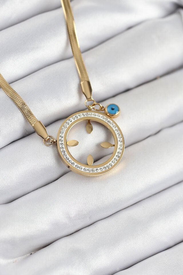 316L Çelik Zirkon Taşlı Çeyrek Takılabilir Gold Renk Kadın Kolye